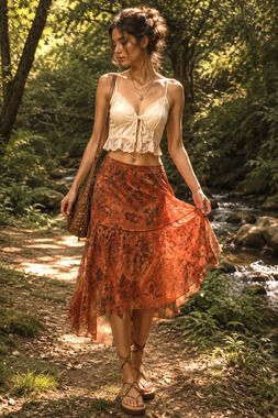 Y2K Fairy Floral Silk Skirt Size S Asymmetric Hem Terracotta Boho Indie Grunge